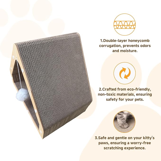Cat Scratcher House with Hanging Ball - Cozy Corrugated Cardboard Cat Scratching Pad for Indoor Cats/Kittens, Stable Structure & Eco-Friendly