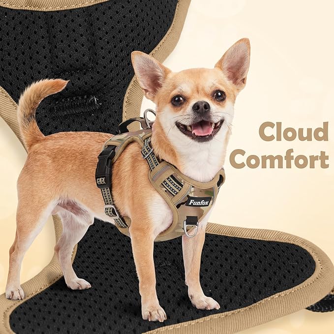 Funfox Dog Harness No Pull, Adjustable Pet Vest Harness, Super Soft Material with Vertical Handle Easy Control, Reflective Night Walking, 2 Leash Clips for Medium Sized Dogs, Camo Brown, M