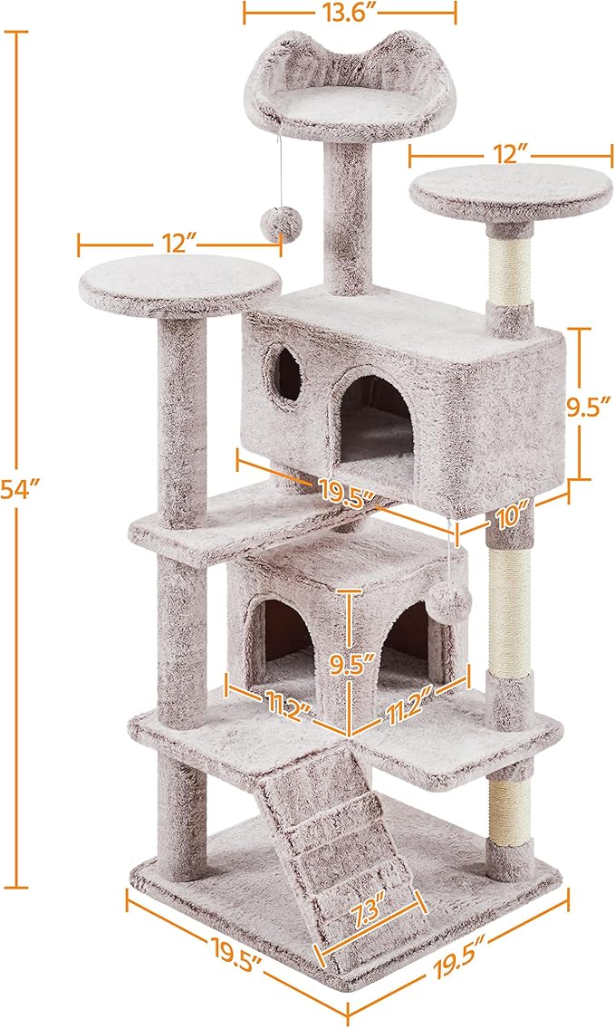 Topeakmart 54in Cat Tree, Cat Tower w/Large Cat Condo Scratching Posts and Perch, Cat Stand House Furniture, Brown/White
