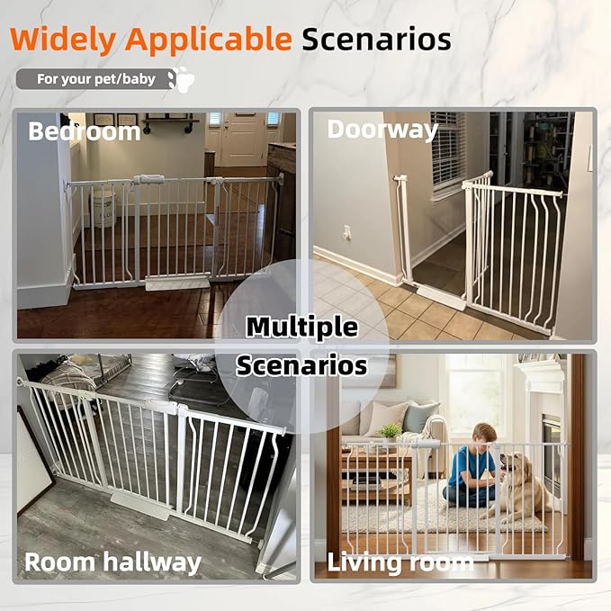 TSAYAWA Extra Wide Walk Through Baby Gate with Door, 62.5-67 Inch Wide Presure Mounted No Drill Metal Auto Close Child Gate for Stair Doorway - Indoor Outdoor Safty Gate for Toddler Dog Doggie, White
