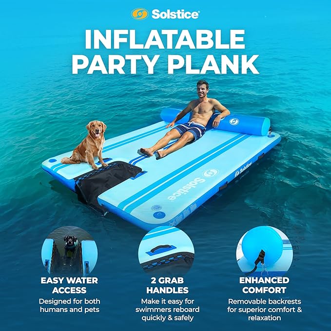 SOLSTICE Party Plank 6-8 Person Rise Inflatable Dock, Floating Water Raft Platform, 10ft x 8ft - Outdoor Fun for Lake, River, Swimming Pool & Beach, Includes Backrests, Threaded Ports, & Carry Bag