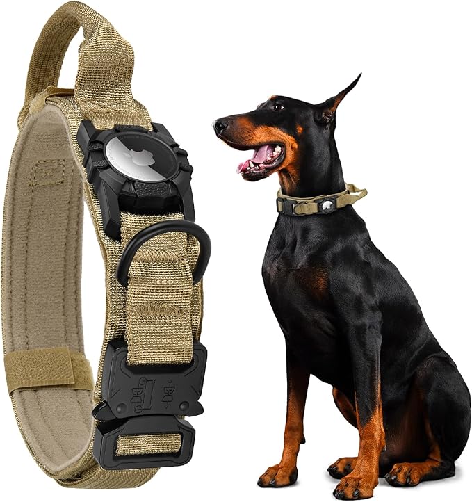 Tactical AirTag Dog Collar - Heavy Duty, Adjustable GPS Collar Compatible with Apple AirTag, with Holder & Control Handle for Medium/Large Dogs [ Brown, M ]