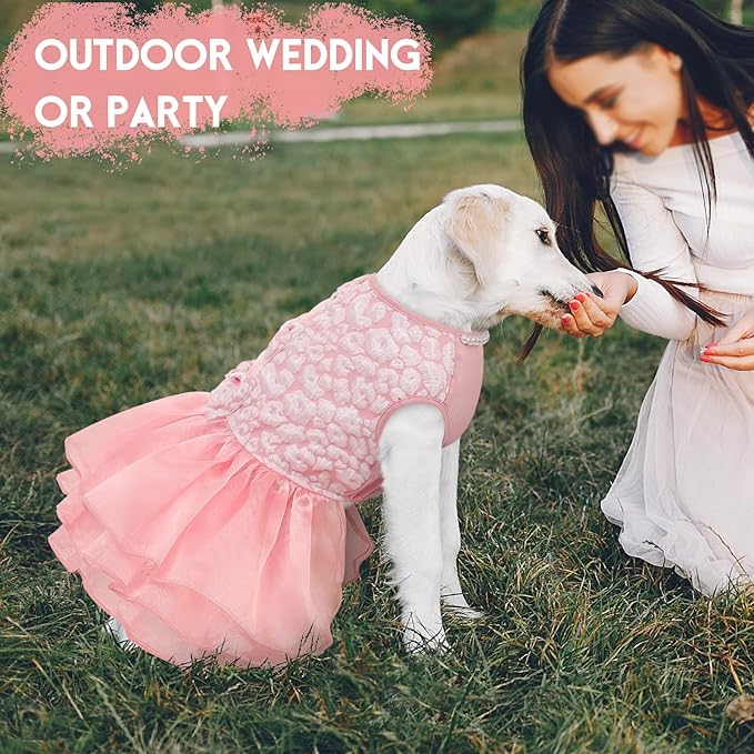 ASENKU Dog Dress, Dog Wedding Dress, Pet Lace Princess Dress with Bows for Wedding Birthday Party, Puppy Formal Apparel with Pearl Necklace for Medium Large Dogs (Pink, Large)