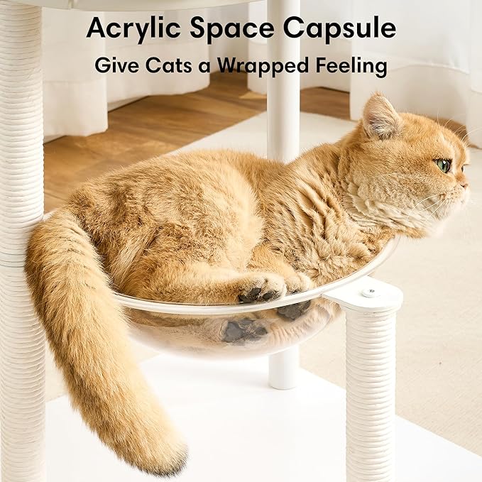 Modern Cat Tree, Wood Cat Tower with Steel Frame, Scratching Posts, Cat Capsule, Plush Mat, Bell Dangling Toy, Aesthetic Minimalist Heavy-Duty Cat Climbing Tree for Large Indoor Adult Cats-White