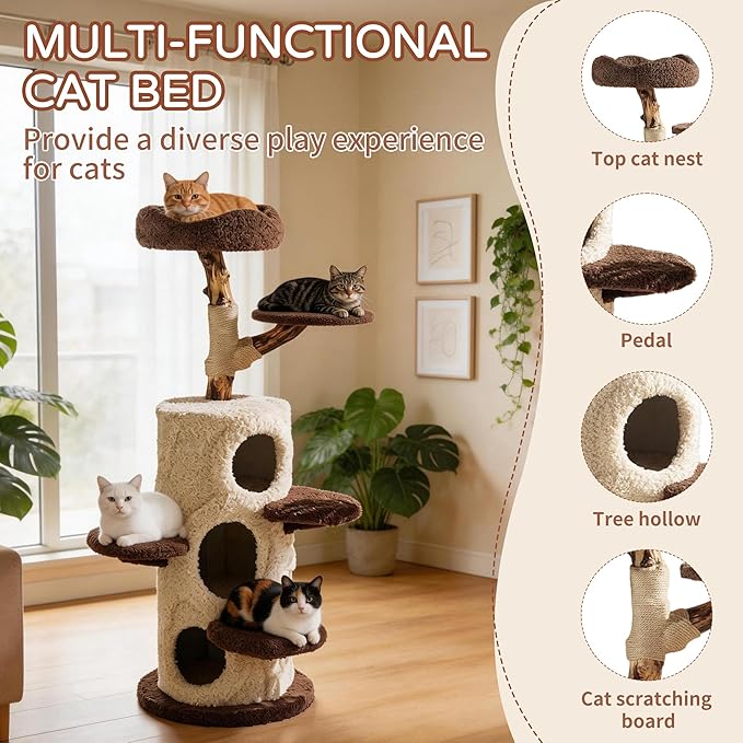 RPZ 54.7" Luxury Solid Wood Cat Tree for Small to Medium Cats – Natural Wood Scratching Post with Real Branch, Cozy Hideout, Multiple Platforms & Elevated Perches – Ideal for 1-5 Cats, Brown & Beige