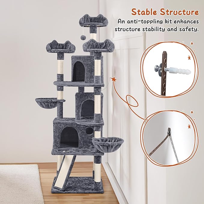 Topeakmart Cat Trees and Cat Towers for Large Inoor Cats, 76.5'' Extra Big Cat Tree with Scratching Posts, Cozy Perches, Warm Condos for Indoor Kittens Play & Rest