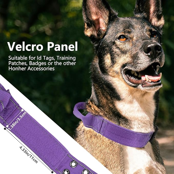 Tactical Dog Collar with Control Handle, Military Adjustable Pet Collar Reflective Heavy Metal Buckle Dog Collar, Soft Nylon Training Collar for Medium Large Dogs (Purple, Medium)