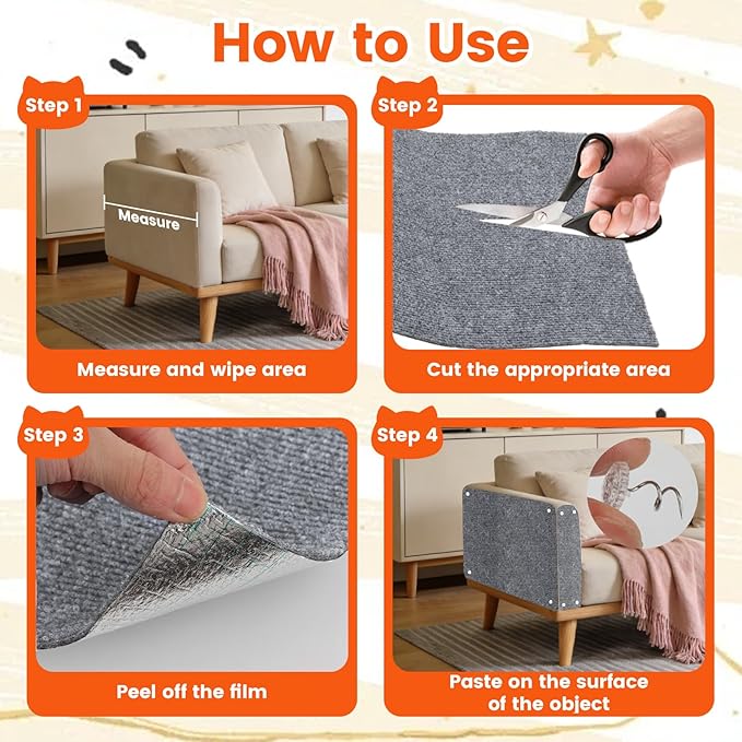 78.7"x15.8" Self-Adhesive cat Scratch pad - Trimmable Furniture Protector for Couch, Walls & Cat Trees | DIY Climbing Scratcher Pad with Twist Pins & Double-Sided Adhesives (Light Grey)