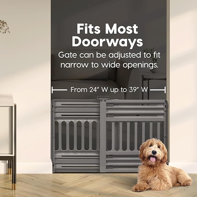 IRIS USA 24"-39" Dog Gate, Adjustable Indoor Pet Barrier, Pet Gate for Puppy, Small Dog, Cat, Easy Twist-to-Lock for Doorways & Stairs, Portable, Expandable, 25" Tall, Gray