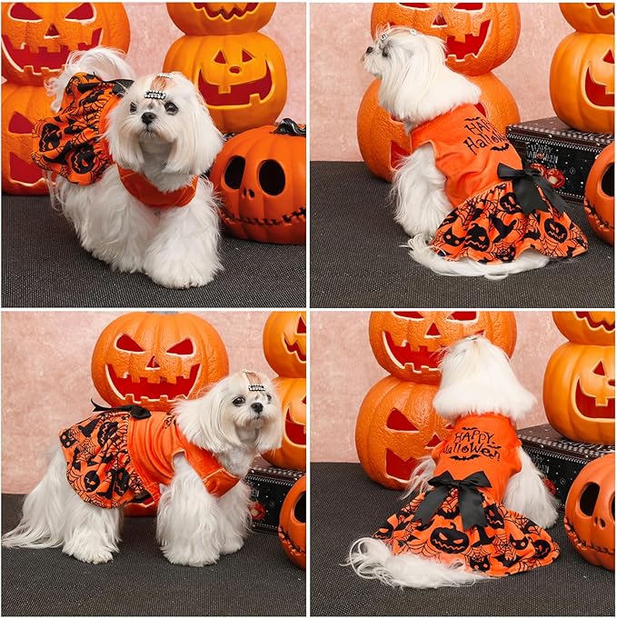 CuteBone Halloween Dog Dresses Velvet Holiday Small Dogs Clothes Onesie Pet Apparel Girl Puppy Skirt with Bow Hair Rope CVA57L-D
