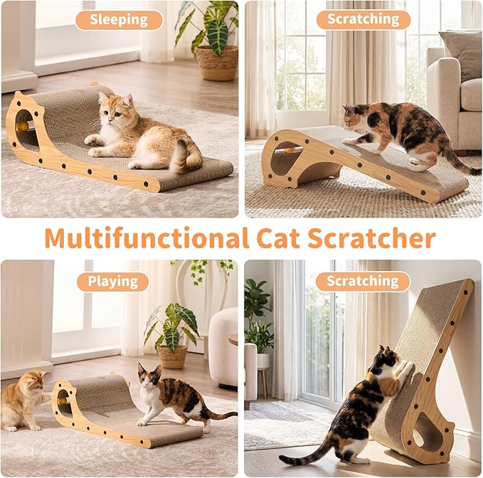 Cat Scratcher Bed, 2 in 1 Cardboard Scratching Board for Indoor Cats, Scratch Couch Lounge with Bell Ball Toy for Double-Sided Usability