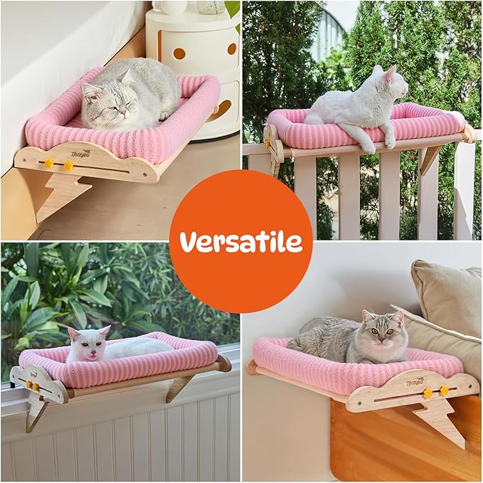 Cat Window Perch, Adjustable for Standard Window Sills Up to 7" Deep with Gap/Slot, Sturdy Wooden Cat Window Hammock Holds Up to 45 lbs, Washable Sherpa Cushion Window Seat for Large Indoor Cats