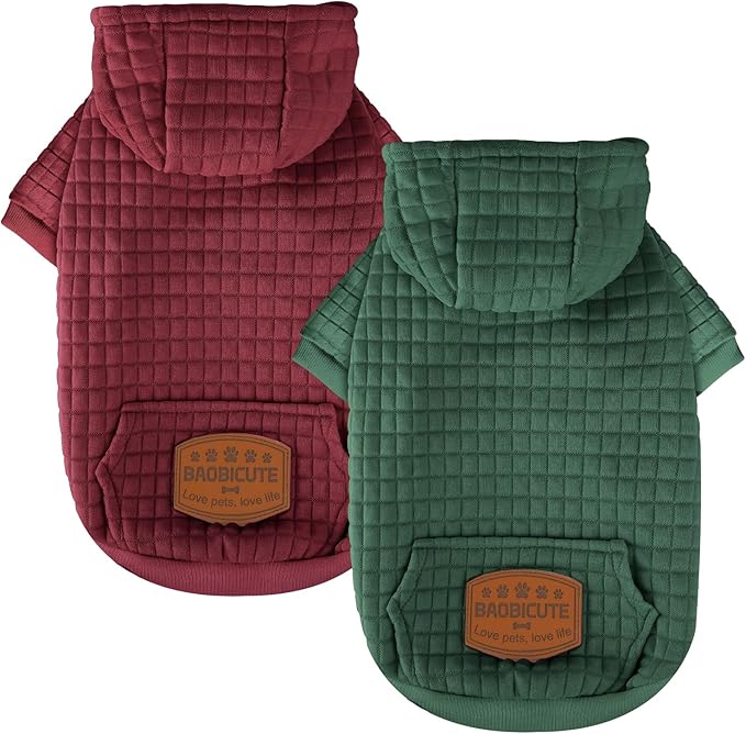 2 Pack Dog Hoodie Sweaters for Small Medium Dogs Warm Dog Clothes for Large Dogs Soft Waffle-Like Laminated Sweatshirt Bulldog (Dark Green+Wine Red, XS (Back: 10",Chest: 13", Neck: 9"))