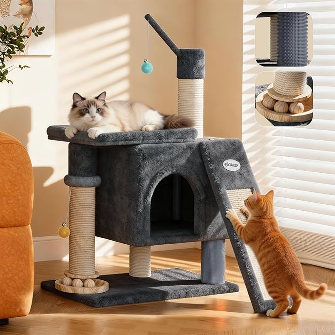 【SteadyCore】 PetDance All-in-1 Cat Tree Tower with Heavy Duty Board, Solid-Wood,Small Cat Tower with Multiple Fun:Interactive Track Ball Toy & Self-Grooming Brush for Indoor Cats,Dark Gray