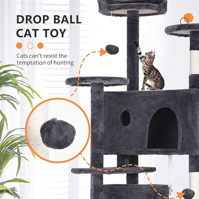 Heavy Duty Cat Tree, 70 Inch Tall Tower With 3 Top Perches Platforms & 2 Cozy Condos, Climbing Tower With Ladders & Sisal Pole, Scratching Tree for Large Cats Play House, Ashy