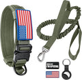 Tactical Dog Collar and Bungee Leash, Camo Military Dog Collar & Leash Set with USA American Flag Adjustable K9 Collar with Heavy Duty Metal Buckle & Handle,with Patches and Airtags Case (M, Green)