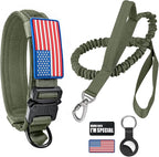 Tactical Dog Collar and Bungee Leash, Camo Military Dog Collar & Leash Set with USA American Flag Adjustable K9 Collar with Heavy Duty Metal Buckle & Handle,with Patches and Airtags Case (XL, Green)