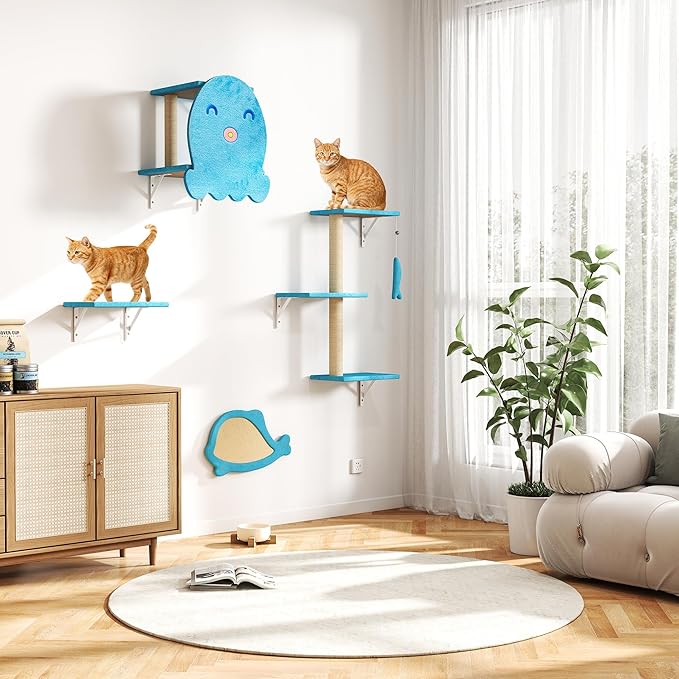 5 Pcs Wall-Mounted Climber Set, Wood Indoor with Shelves and Perches, Ladder, Condo House, Scratching Board and Tree, Wall Shelves Furniture for Cats (Ocean Blue)