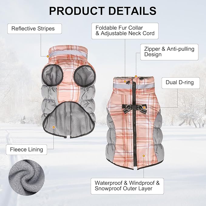 BEAUTYZOO Dog Winter Coat with Harness Built in, Reflective Plaid Puffer Vest Waterproof for X-Small Dogs, Fleece Warm Puppy Zipped Jacket with D Ring, Pet Cold Weather Sweater Clothes, Brown XS
