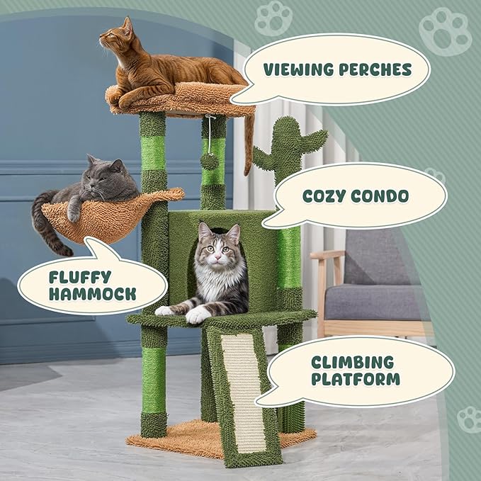 Magshion 42" Cactus Cat Tree for Indoor Cats, Multi-Level Cat Tower with Condo, Scratching Post, Ramp, Perch, Basket & Toys, Compact Cat Climbing Tree for Kittens & Small Cats, Green