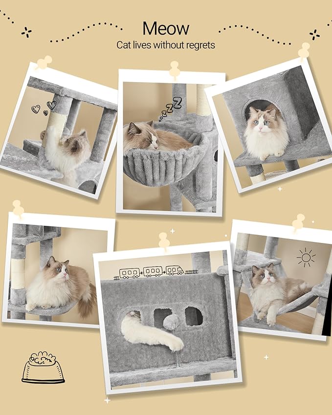 Cat Tree,82.6" Large Cat Tower for Indoor Cats, Multi-Level Cat House with Condo, 8 Scratching Posts, Hammock, 4 Pom Poms, Light Grey MS21018LG