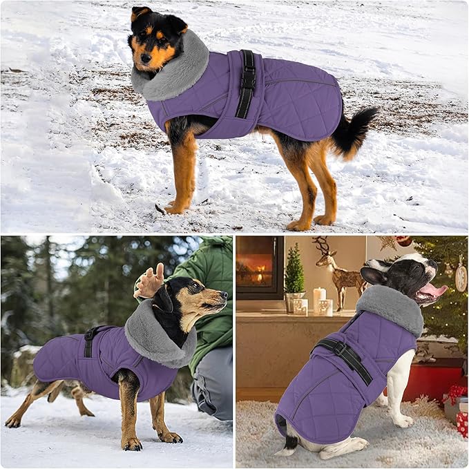 Dog Coat, Waterproof Dog Winter Jacket with Adjustable Buckle, Reflective Turtleneck Pet Snow Vest Warm Fleece Sweater for Small Medium Large Dogs - Purple, S
