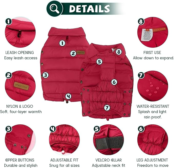 SPACE LION Dog Puffer Jacket, Down Winter Coat, Durable Outdoor Coat for Cold and Windy Conditions, Lightweight & Adjustable Fit Coats for Large Dogs,(Red, Size26/3XL)