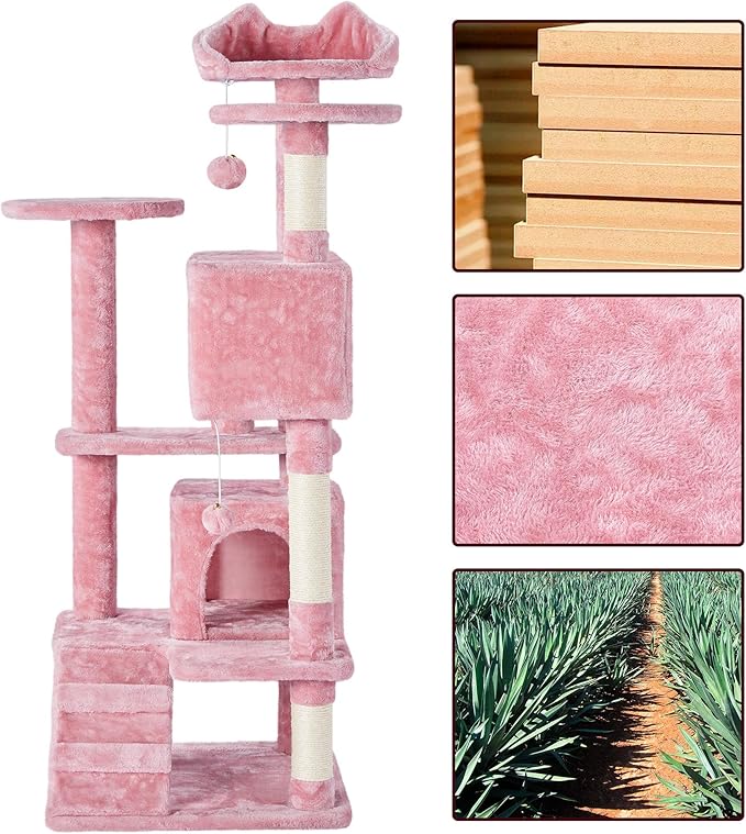 Topeakmart 54in Cat Tree, Cat Tower w/Large Cat Condo Scratching Posts and Perch, Cat Stand House Furniture, Pink