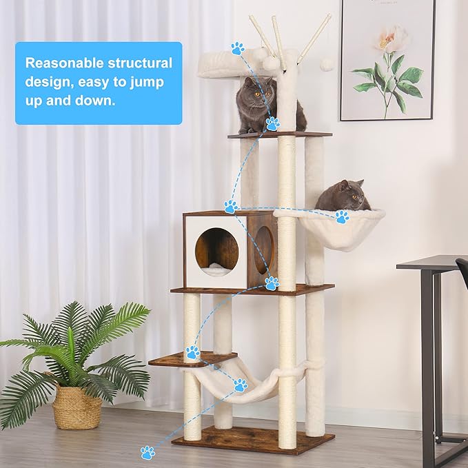 Hey-brother Wooden Cat Tree, 66.1“ Cat Furniture with Scratching Posts, Modern Cat Tower with hammocks, Toys, cat condo, Rustic Brown MPJ120SR