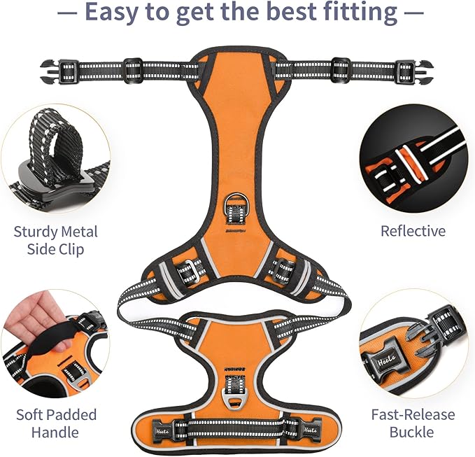 HEELE Dog Harness, No Pull Adjustable Padded Reflective Harness for Small Medium Large Dogs with Handle for Walking Training, Orange, L