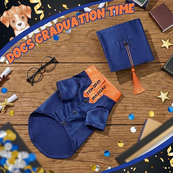 5 Pcs Dog Graduation Costume Set Include 2026 Pet Graduation Gown with Stole Puppy Grad Cap Lensless Glasses DIY Letter Stickers for Dogs Cats Holiday Costume Accessory(Blue Orange,M)
