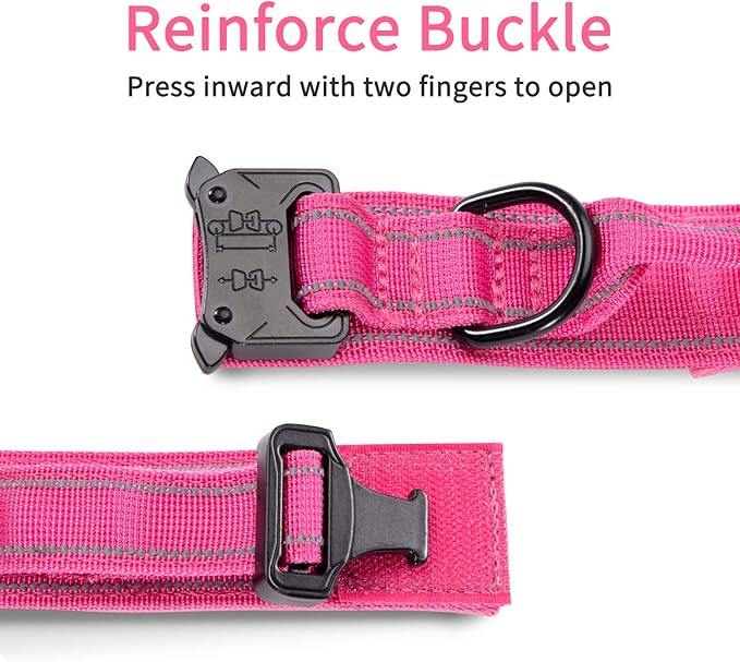 Reflective Tactical Dog Collar Adjustable for Training and Service K9 Dog Collar with Military Nylon Heavy Duty Metal Buckle and Control Handle for Medium and Large Dogs,1.5" Width Pink