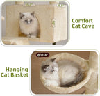 Cat Tree for Indoor Cats, Cat Tower with Scratching Post for Small Cats and Kittens, Cat House with Removable Top Platform and Fluffy Balls, Hanging Cat Basket, Beige GCT006SM