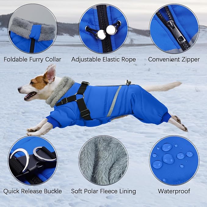 BRKURLEG Blue Dog Winter Coat, Cozy Winter Dog Jackets, Small Medium Dogs Coat with Harness, Onesie Body Warm Puppy Christmas Jacket, Pet Cold Weather Jackets, Puppy Four-Legged Puffer Coats, XXL
