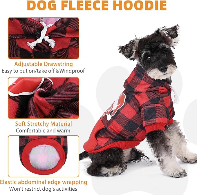 KOOLTAIL Christmas Dog Hoodie, Red Plaid Pet Sweater, Hat Hooded Sweatshirt Dog Clothes for Small Medium Large Dogs Boys Girls, Soft Warm Winter Cold Weather Coat with Leash Hole&Pocket, Santa, L