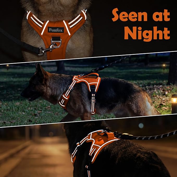 Funfox Dog Harness No Pull, Adjustable Pet Vest Harness, Super Soft Material with Vertical Handle Easy Control, Reflective Night Walking, 2 Leash Clips for XLarge Dogs, Orange, XL