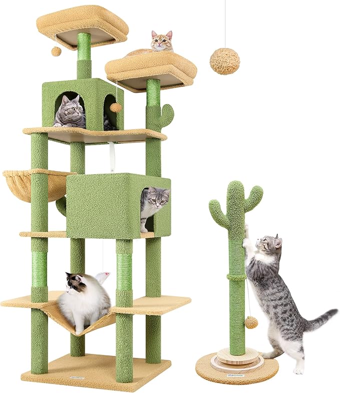 Globlazer Cactus Series Combination 76-inch Tall Cat Tower for Indoor Cats and 30-inch Scratching Post for Cats