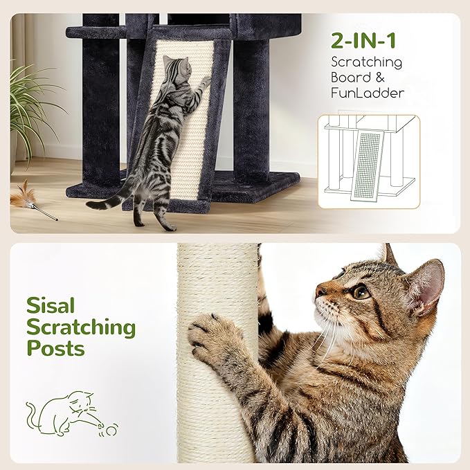 Globlazer 45" Cat Tree for 2-3 Medium Cats, Multi-Level Cat Tower with Scratching Board for Kittens and Senior Cats, Condo & Hammock Space Saving Cat Tower, F45, Dark Grey