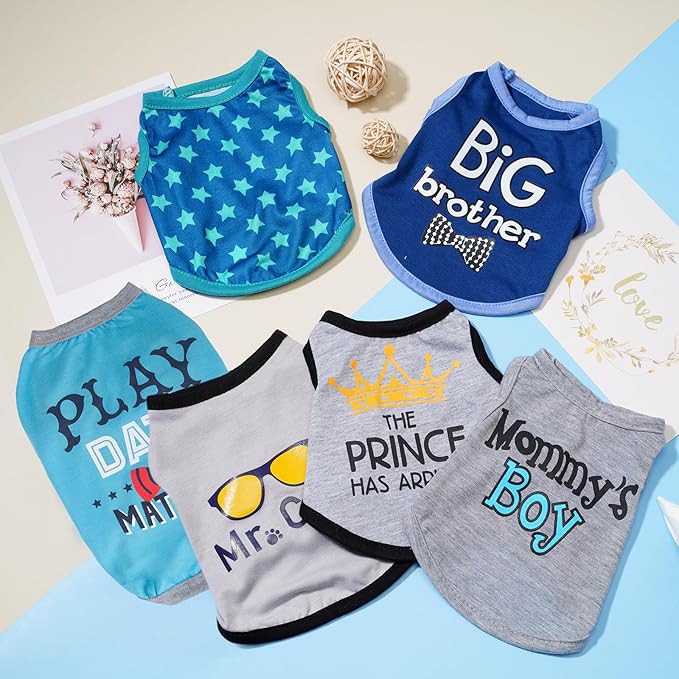 Sadnyy 6 Pack Winter Dog Shirt Boy Pet Clothes Doggy Tee Tank Top Kitten Shirts with Letters for Small Medium Dogs Cats Soft Cozy Chihuahua Vest Apparel for Dog Cat Puppy(X-Small)