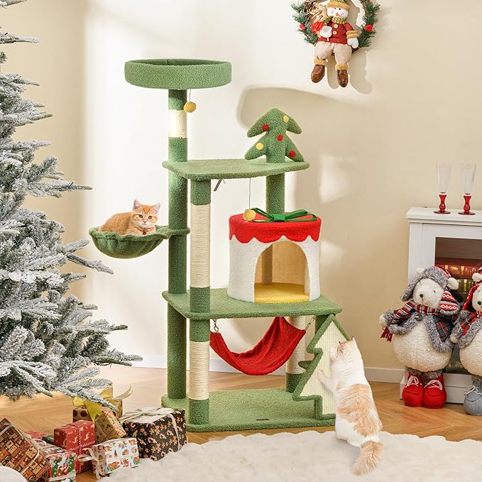 Tangkula Christmas Cat Tree, 52” Tall Cat Tower with Sisal Scratching Posts & Xmas Tree, Plush Perch, Gift Box Shaped Condo, Hanging Toys, Basket Bed, Hammock, Cute Cat Tree Tower Holiday Decoration