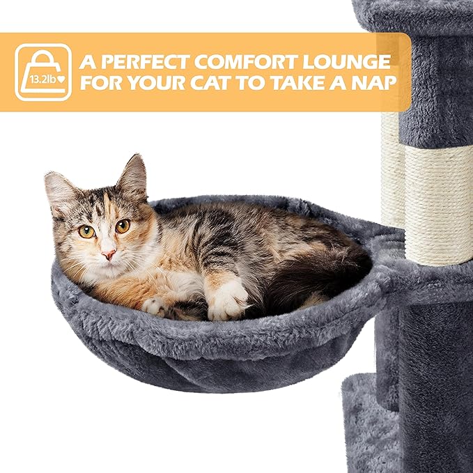 Topeakmart Cat Tree, 82.5in Climbing Tower with 2 Kitten-Ear-Style Top Perches, Hammock, Basket, Scratching Posts, Multilevel Pet Furniture Activity Center for Indoor Felines, Dark Gray