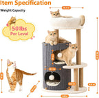 Modern Cat Tree for Indoor Cats Large Adult, 36in H Cat Tree Tower with Scratching Posts, Cozy Cat Bed Cave, Washable Cushions, Dangling Balls, Play&Nap Cat House Condo for All Breeds, Gray