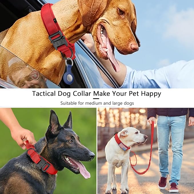 DAGANXI Tactical Dog Collar, Adjustable Military Training Nylon Dog Collar with Control Handle and Heavy Metal Buckle for Medium and Large Dogs, with Patches and Airtags Case (Red-Set, XL)