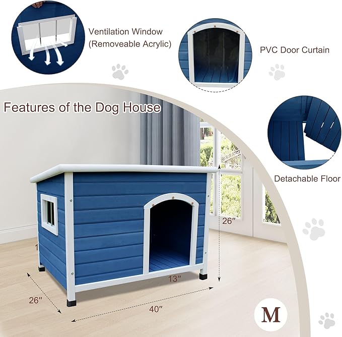40" Wooden Outdoor Dog Houses, Waterproof Dog House Outside with Window & Door Flap Waterproof Dog House Outdoor Indoor, Assemble Easily-Blue