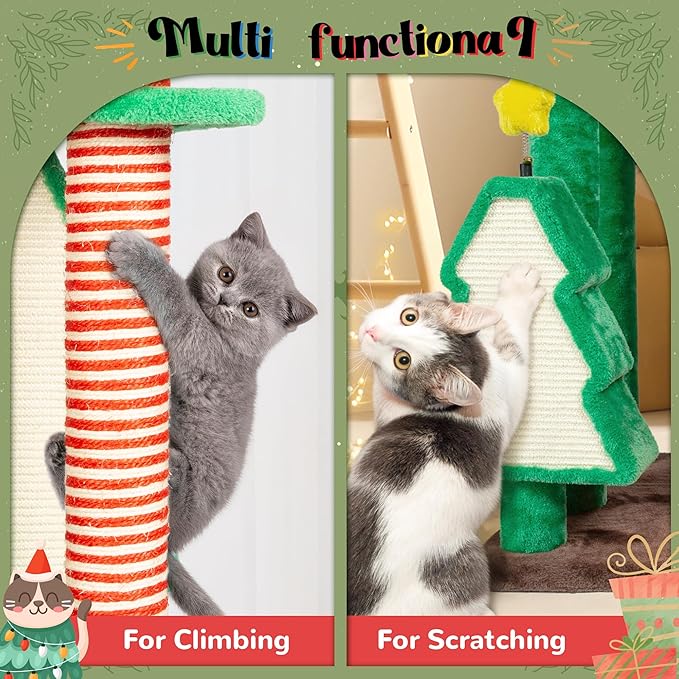 NUNU LAB Christmas Cat Tree, Multi-Level Cat Tower, Modern Cute Cats Tree, with Cat Condos, Sisal Ramp Scratching Posts, Cozy Basket, for Indoor Use (KM057)