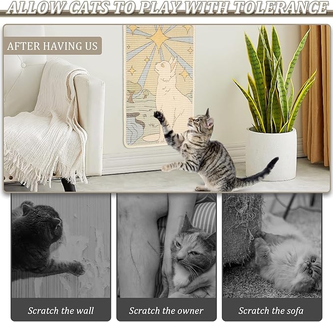 Sisal Cat Scratcher Mat, Durable and Shedding Resistant Cat Scratching Pad with Pattern, 19.69x13.78 Inch Anti Scratch Furniture Protector for Wall Couch Carpet (Yellow)