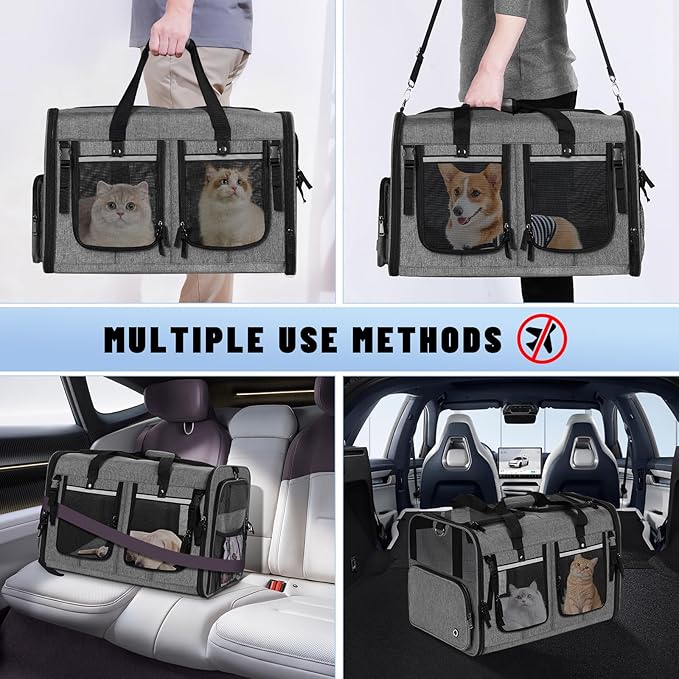 Cat Carrier for 2 Cats, Foldable Double Cat and Dog Carrier, Small to Medium Size, 2 Front Zippered Compartments,Two Pets Carrier for Travel,Mulitple Cat Carrier (Dark Gray with Flat Pocket)