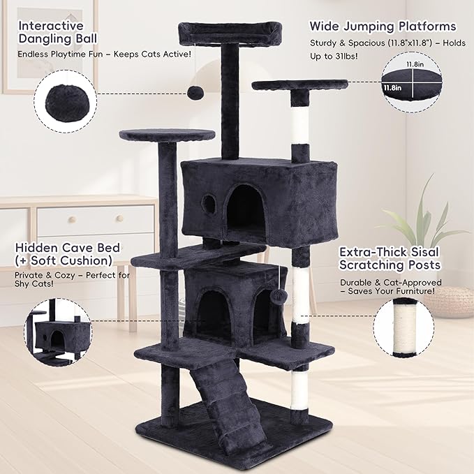 54" Cat Tree, Cat Tower for Indoor Cats, Cat Jumping Platform & Cat Scratching Post, Cat Condo with Spacious Cat Bed Cave & Hidden Space, Dark Gray