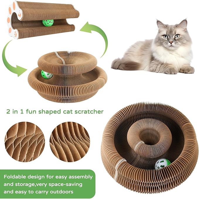 Kitty Kurlz Accordion Magic Organ Cat Scratcher Toys for Indoor Cats - Cardboard Cat Scratching Board Ball Scratcher Pad 3 Pack