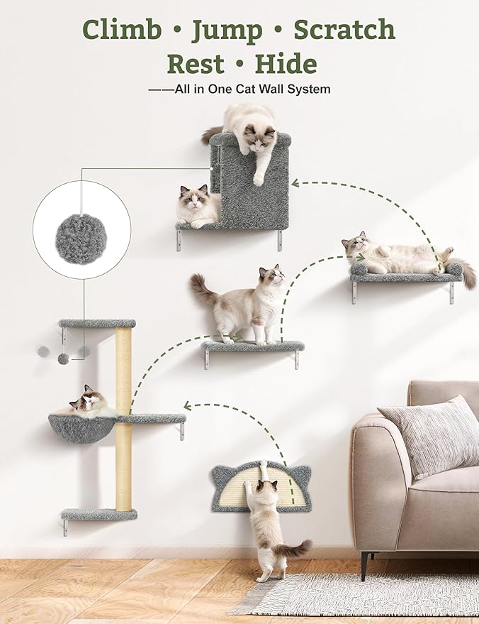 5-in-1 Cat Wall Shelves, Solid Wood & Velvet & Sisal Scratcher, 44lbs Max Load, Wall Mounted Cat Furniture for Climbers, Cat Climbing Wall System, Fits Drywall & Solid Walls - Light Gray